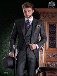 2018 Custom Made Morning Style Groom Tuxedos Dark Grey Best man Groomsman Suit Mens Wedding Suits Bridegroom Tailcoat (Jacket+Pants+Vest)