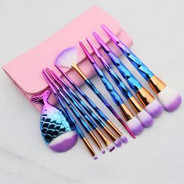 Diamond Makeup Brush Set 10 11 pcs Face Powder Foundation Eyeshadow Cosmetic Tools Rainbow Mermaid Make up Brushes Kit with Bag