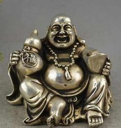 Chinese Buddhism Miao Silver Gourd Yuanbao Happy Laugh Maitreya Buddha Statue