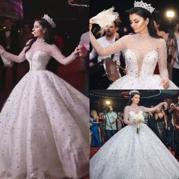 Expensive 2017 Luxury Crystals High Collar Long Sleeve Ball Gown Wedding Dresses Bling Bling Bridal Gowns Custom Made China EN12142