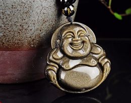 Free delivery - natural gold yiu stone, hand-carved maitreya (laughing Buddha), talisman necklace pendant.