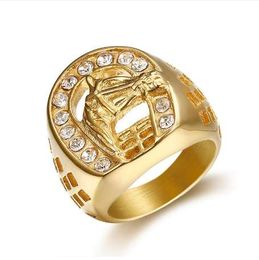 QMHJE Animal Horse Titanium Steel Gold Colour Clear CZ Men Ring Wedding Jewellery Punk Rock Male Biker Band Hip Hop Rings DAR234