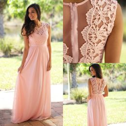 Bridesmaid Dresses 2018 Cheap Country Long For Weddings Arabic Jewel Neck A Line Lace Pink Mint Blue Applique Sleeveless Maid of Honour Gowns