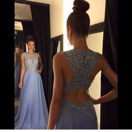 2018 New Real Photo Sexy O Neck A Line Chiffon Lace Appliques Beaded Light Blue Long Prom Dresses Court Train Prom Gowns Q84