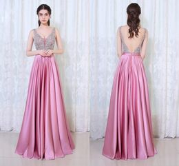 High-end Fashion Sexy V-neck Formal Evening Dresses Pink Elastic Silk Halter Handmade Beaded Long Party Dance Dresses HY070