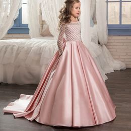 Princess White Satin Flower Girl Dresses 2021 New Sheer Long Sleeves First Communion Birthday Party Dresses Girls Pageant Dress Fo297M