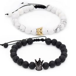 His And Hers Bracelets 8Mm Black Matte & White Beads Cz Crown King Couple Bracelet Lovers Jewelry Pulsera