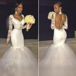 Elegant Fitted Mermaid Wedding Dresses Illusion Top Long Sleeves Lace Appliques Trumpet African Bridal Gowns Tulle Skirt Backless
