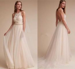 Simple BHLDN Boho Bridesmaid Dresses With Belt Halter Charming Lace Applique Backless Beach Wedding Guest Dress vestidos de noiva