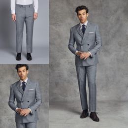 Slim Fit Mens Formal Suits Two Pieces Damier Check Double Breasted Groom Tuxedos Best Man Suit for Weddings Business Men Suits(Jacket+Pants)