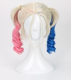 Suicide Squad Harley Quinn Wig Curly Blonde Pink Blue Mixed Cosplay Wig