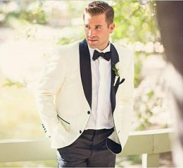 Brand New Ivory Men Wedding Tuxedos High Quality Groom Tuxedos Black Shawl Lapel Two Button Men Blazer 2 Piece Suit(Jacket+Pants+Tie) 1809