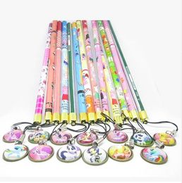 Squishy Wood Pencils Set Gem Unicorn Horn Pendant Stationery Girl Pony Fluffy Eraser Flexible Pencil Birthday Gifts Charm Things