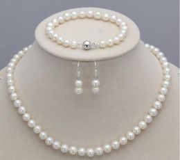 ^^^^7-8MM Natural White Akoya Cultured Pearl necklace Earrings set 17"