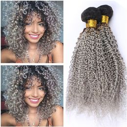 silver grey hair weave Canada - Black and Silver Grey Ombre Malaysian Human Hair Bundles Kinky Curly Hair Weft Extensions Dark Root #1B Grey Ombre Virgin Hair Weaves 3Pcs