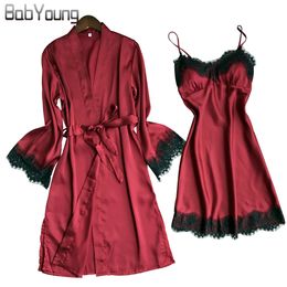 BabYoung Summer Women Silk Robe Pad Fillet Pajamas Sexy Long Sleeve Robes Camisole Night Skirt Homewear With Lace S1015