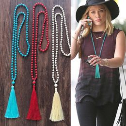 New Unique Natural Howlite Stone Kontted Long Tassel Necklace Blue Beads Mala Tassels Necklace Women Yoga Necklace