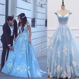 2019 Gorgeous Light Sky Blue Prom Dresses A Line Deep V Neck Off the Shoulder Ivory Lace Appliques Tulle Evening Gowns Formal Party