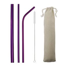 3-Pcs 6/12mm Bent Straight Reusable Straw 304 Stainless Steel Straw Drinking Straws Set Metal Smoothies Straws Silicone Cover Tips Brush Bag