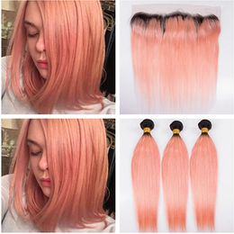 Straight #1B/Light Pink Ombre Virgin Peruvian Human Hair Bundles Deals with Frontal Light Pink Ombre Lace Frontal Closure 13x4 with Weaves