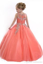 Little Girls Pageant Dresses Princess Tulle Sheer Jewel Crystal Beading White Coral Kids Flower Girls Dress Birthday gowns