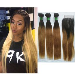 #1B/27 Ombre Blonde Straight Bundles with Closure Brazilian Peruvian Malaysian Human Hair Weave 3 Bundles with 4x4 Middle Part Lace Closure