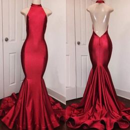 Elegant Red Backless Long Evening Dress Halter Neck Mermaid Sweep Train Sexy Prom Gowns 2018 High Quality Formal Sexy Evening Dresses