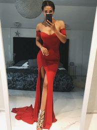 Navy Blue Mermaid Prom Dresses Simple Off The Shoulder Satin Split Side Long Evening Dresses Red Black Party Dresses DH4094