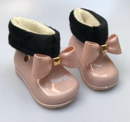 Mini sed kids rain boots with warm velvet inside autumn winter boys girls cute bow shoes children waterproof hot sale boots