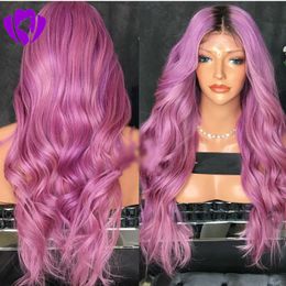 Middle part Ombre purple Pink wig long Heat Resistant Hair Anime Cosplay Blogger Daily Makeup Synthetic Lace Front Wedding Party Wig