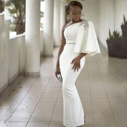 2018 White One Shoulder Sheath Evenig Dresses With Cape Sash Bling Beads Back Bottom Split Prom Gowns Sexy African Satin Party Dress