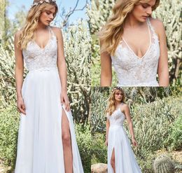 A Line Beach Wedding Dresses Side Split V Neck Chiffon Sweep Train Lace Applique Boho Wedding Gowns Plus Size Simple Bridal Dress