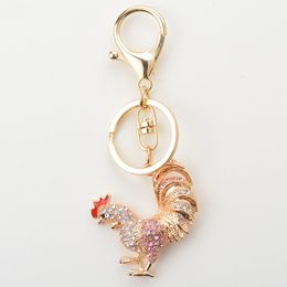 Novelty Metal Cock Rooster Chicken Car Keychains Crystal Bag Pendant Key Ring Key Chain Car Interior Decoration