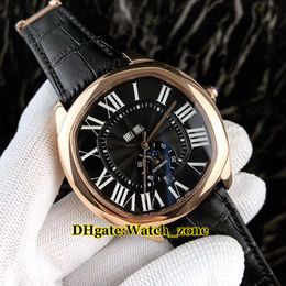 New High Quality 42mm Driver DE Perpetual Calendar Moon Phase Automatic Black Dial Rose Gold Mens Watch Leather Strap Gents Watches