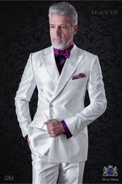 New Fashion White Satin Groom Tuxedos Excellent Groomsmen Blazer Double-Breasted Slim Fit Men Business Party Prom Suit((Jacket+Pants+Bows)