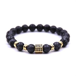 4Colors 8mm Black Lava Stone DIY Essential Oil Diffuser Bracelet Zircon Inlaid Sqaure Charms Elastic Bracelets Jewelry Men Women