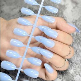 Baby Blue Stiletto False Nails Jelly Blue Oval Sharp end Fake Nails Tips Pointed Head Full Artificial Nails for Lady Daily