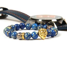 New Design Stainless Steel Bracciali Wholesale 10pcs/lot 8mm Blue Seadiment Imperial Stone With Stainless Steel Lion Head Beaded Bracelet