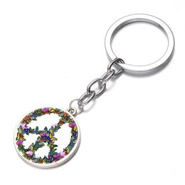 Novelty Butterfly Combination Peace Sign Keychain DIY Hippie Peace Bus Sign Glass Cabochon Pendant Charm Key Ring Holder
