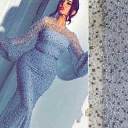 Amazing Full Beads Evening Dresses Dusty Blue Sheer Neck Poet Long Sleeves Prom Dress Mermaid Cocktail Saudi Arabia Party Gowns Custom Made