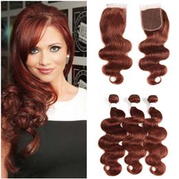 Copper Red Indian Virgin Hair Weave Bundles with Closure #33 Dark Auburn Human Hair Bundle Deals Body Wave with 4x4 Lace Closure Piece