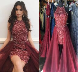 Sparkly Maroon Red Short Prom Dresses Jewel Neck Sleeveless Crystal Beading Sheath Tulle Over Skirt Cocktail Party Dresses Pageant Dresses