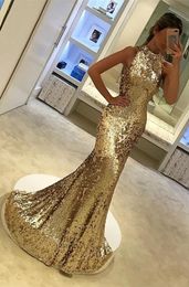 Sparkly Gold Sequin Dresses High Neck Mermaid Pageant Prom Dresses Sweep Train Crystal Long 2022 Cheap Plus size Evening Formal Gowns Dress