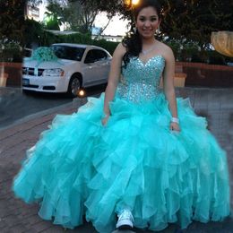 Aqua Blue Turquoise Quinceanera Dresses Luxury Crystals Boned Top Corset Back Sweetheart Sleeveless Ruffled Prom Party Gowns