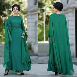 Saudi Arabia Cap Style Prom Dresses Green Chiffon Beaded Long Sleeves Evening Gowns Floor Length Women Formal Party Dress 2019