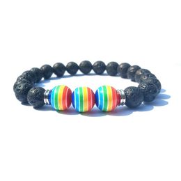 10MM Rainbow Stripe Ball 8mm Black Lava Stone Beads Bracelet DIY Essential Oil Diffuser Bracelet men and women Stretch Yoga Jewellery