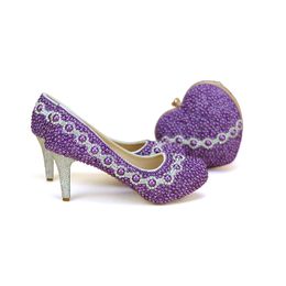 Newest Design Purple Pearl Bridal Wedding Shoes With Lovely Matching Bag Delicate Handmake Stiletto Women Party High Heels