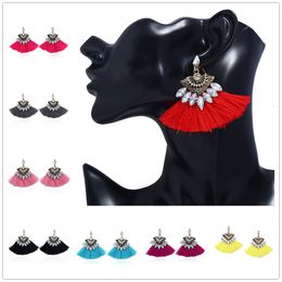 Bohemian Fashion Rhinestone Tassel Fringe Earrings Fan Shape Drop Dangle Ear Stud For Women Jewellery Gift 7 Colours