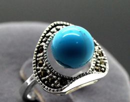 Vintage 6mm Blue Turquoises Marcasite 925 Sterling Silver Ring