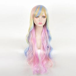 Colorful Long Curly Wig Rainbow Unicorn Gothic Lolita Cosplay Drag Race Wig